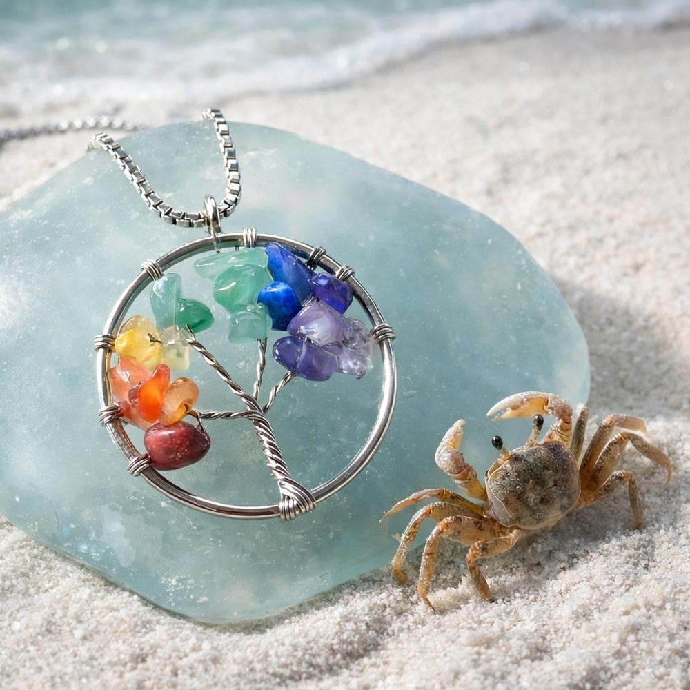 Handmade Chakra Tree Of Life Crystal Pendant Stainless Steel Boho Chic Necklace - Picture 7 of 16
